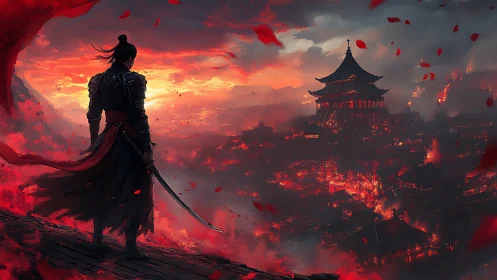 Lone warrior gazing over a burning scarlet city sunset.