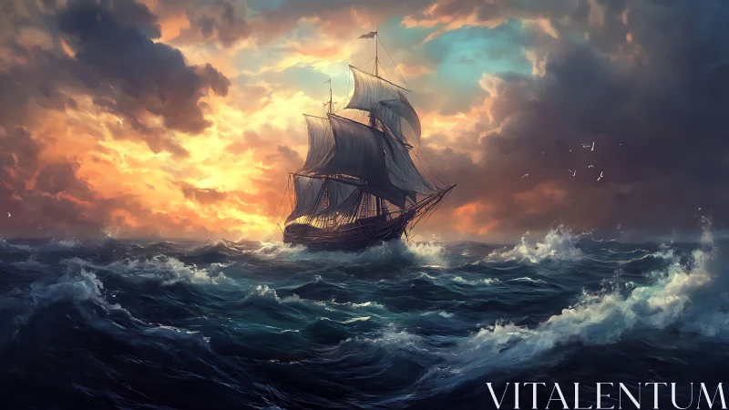 Storm-lit tall ship cutting through dramatic ocean swells.
