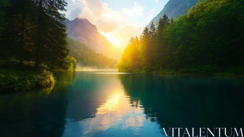 Sunrise drapes a mountain lake in emerald hush and gold.