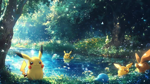 Luminous forest stream with Pikachu cluster in spectral bloom.