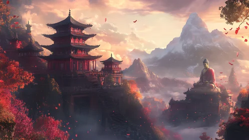 Sunlit mountain temple complex frames monumental Buddha calmly