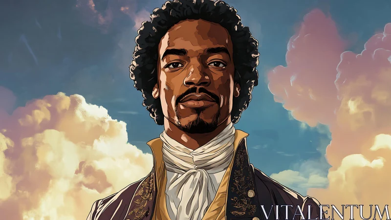 Regal Black man in 18th century attire under luminous clouds