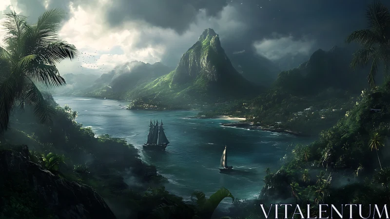 Tropical Island Landscape with Mountain Bay and Sailing Vessels