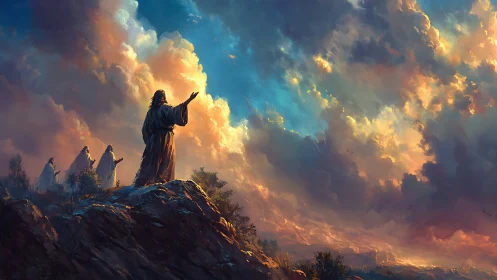 Prophet on rocky hill beneath vast dramatic sunset sky.