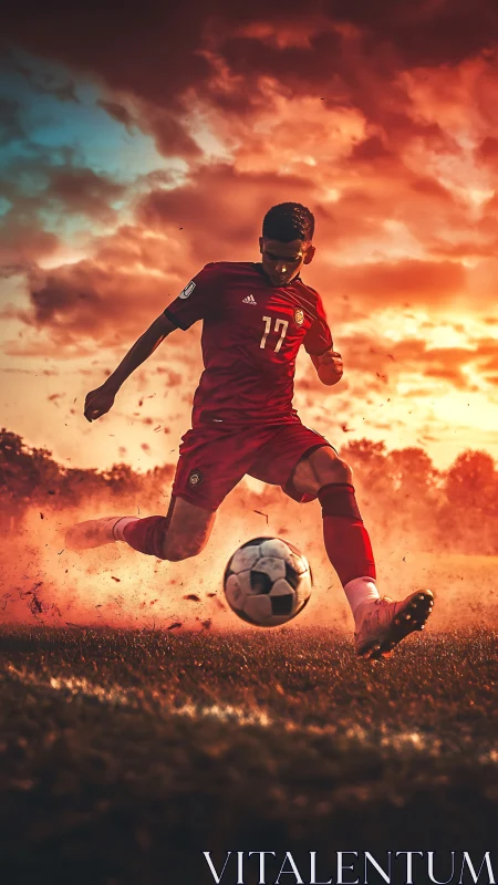 Soccer player kicks ball under blazing sunset sky