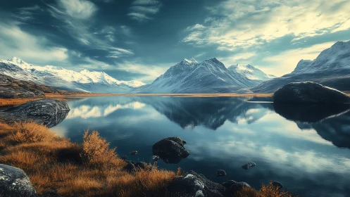 Snow-capped mountains embrace a still reflective alpine lake
