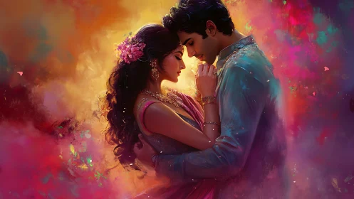 Embrace Beneath Vibrant Haze: Romantic Couple in Ethereal Light.
