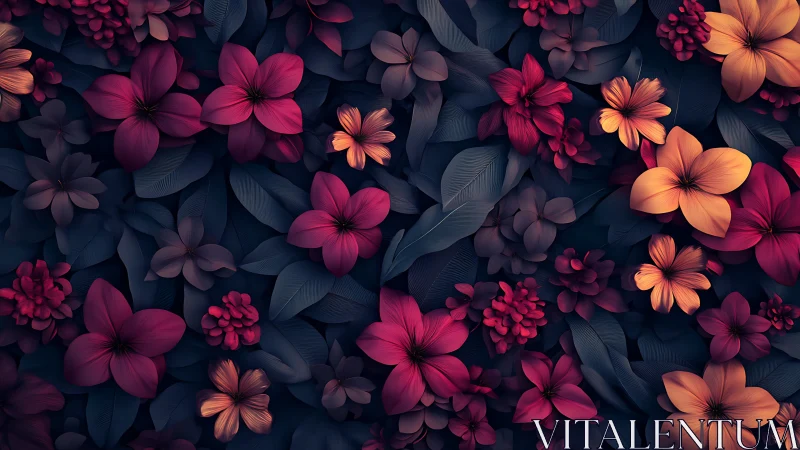 Vibrant Floral Composition with Deep Tones. 3D Digital Artwork.