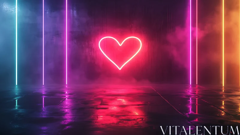 Neon heart humming in misty rainbow warehouse nightscape.