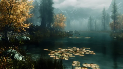 Volumetric mist over alpine lake with autumnal conifers.