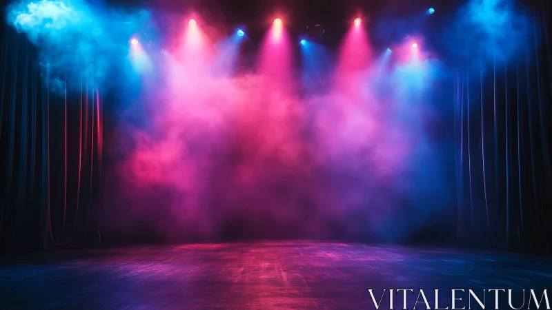 Empty stage with colored spotlights and theatrical smoke.