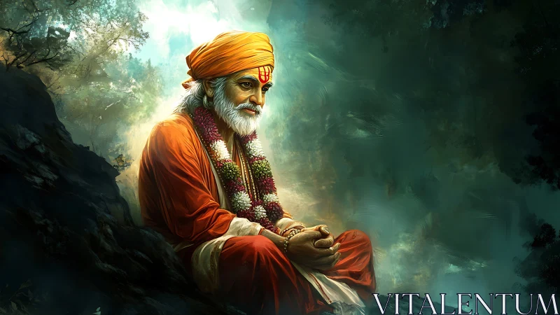 Contemplative sage in orange robes seated within misty forest