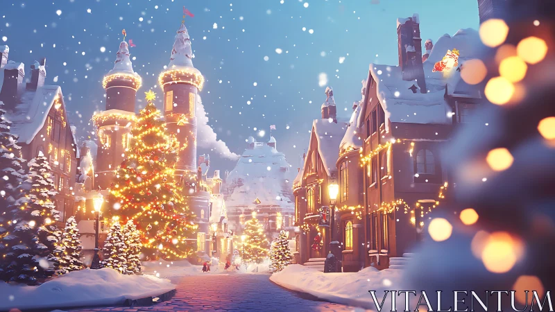 Snowy Christmas village street glowing with festive lights.
