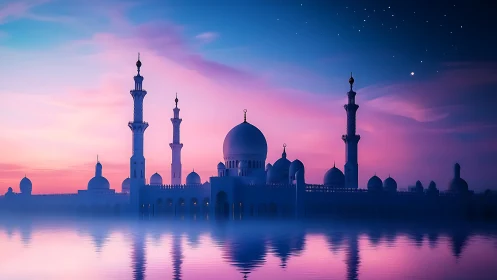 Mosque silhouette reflects in calm water under twilight sky