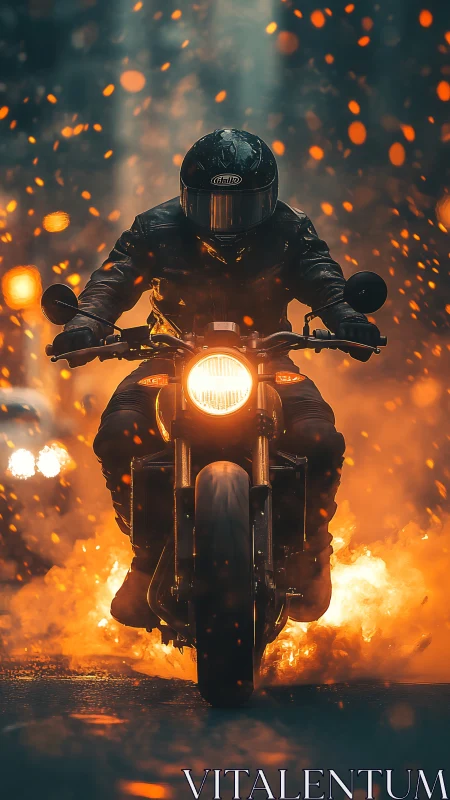 Motorcyclist in black leathers cutting through urban firestorm