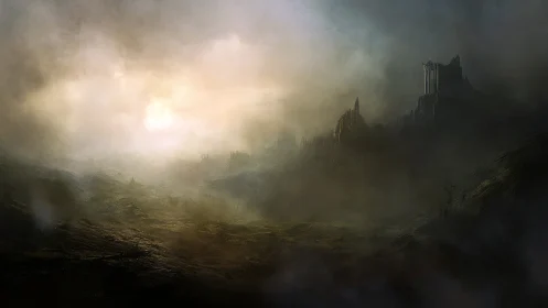 Forsaken citadel rising beyond a mist-wreathed valley.