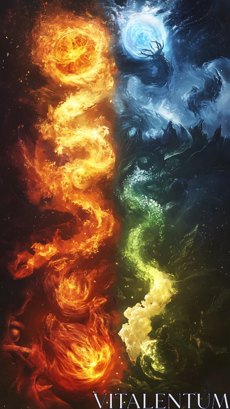 Elemental spirits spiral in twin pillars of fire and storm.