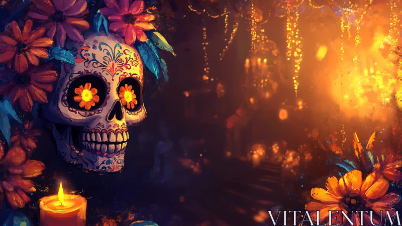 Calavera portrait with marigolds in candlelit altar glow.