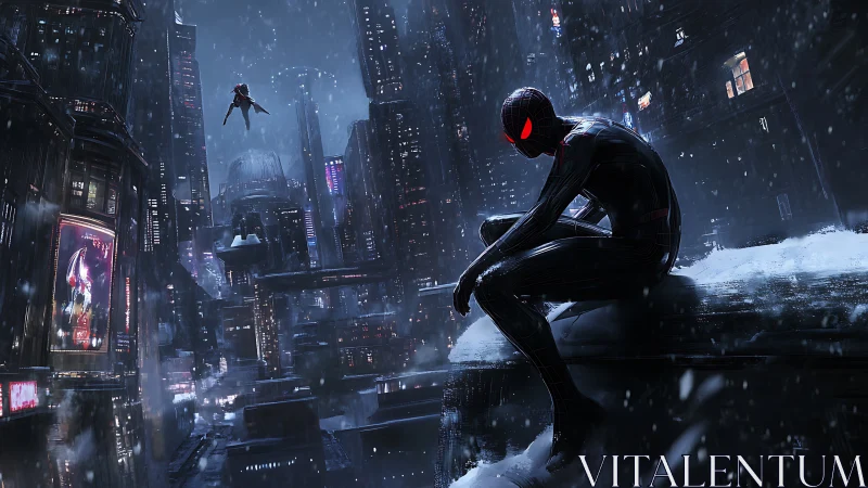 Neon vigilante poised above snowy cyberpunk skyline at night.