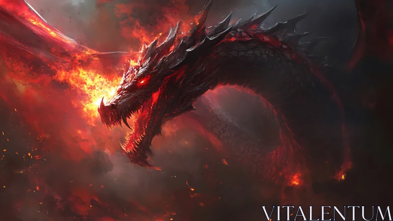 Fiery dragon roaring through swirling smoke and burning sky.