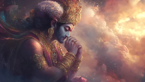 Serene celestial figure in golden prayerful stillness.