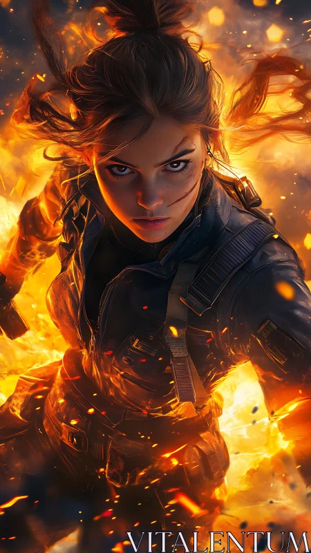 Armored woman strides through exploding firestorm scene