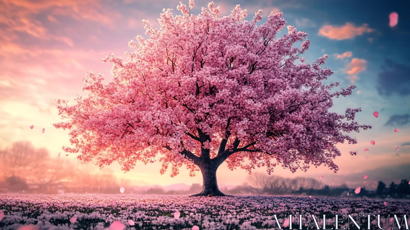 Solitary cherry blossom tree in full bloom at radiant sunset