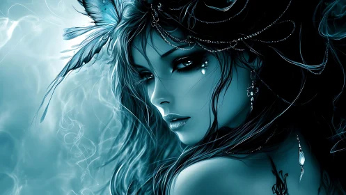 Mystical teal fantasy woman with feathers and jewelry profile