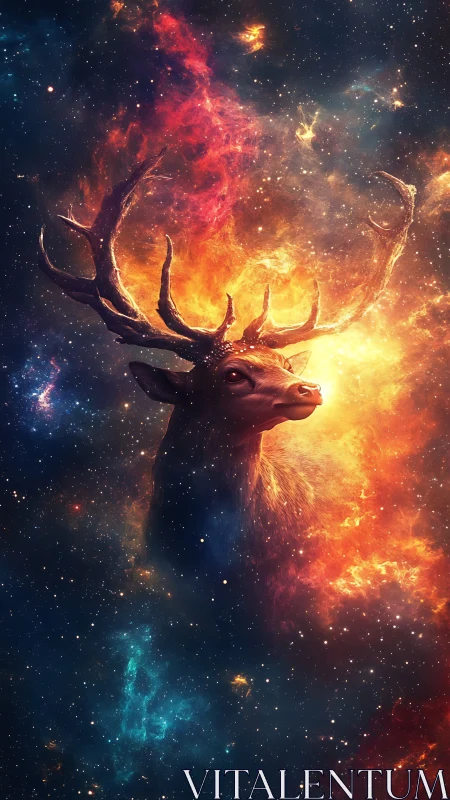 Celestial stag emerges in glowing nebula-filled cosmic night.