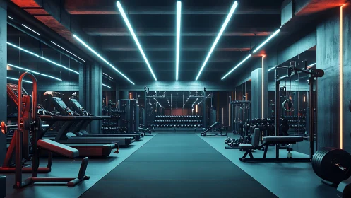 Modern weight and cardio gym interior with neon strip lighting.