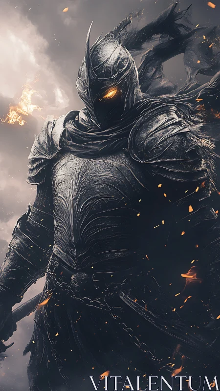 Dark armored knight with burning eyes amid swirling embers.