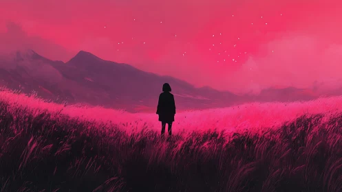 Silhouette drifts through neon meadow beneath whispering peaks