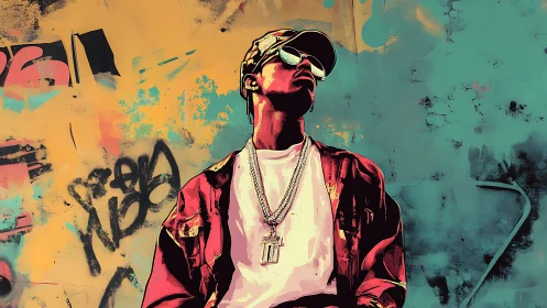 Urban hip hop portrait against bold graffiti wall backdrop.
