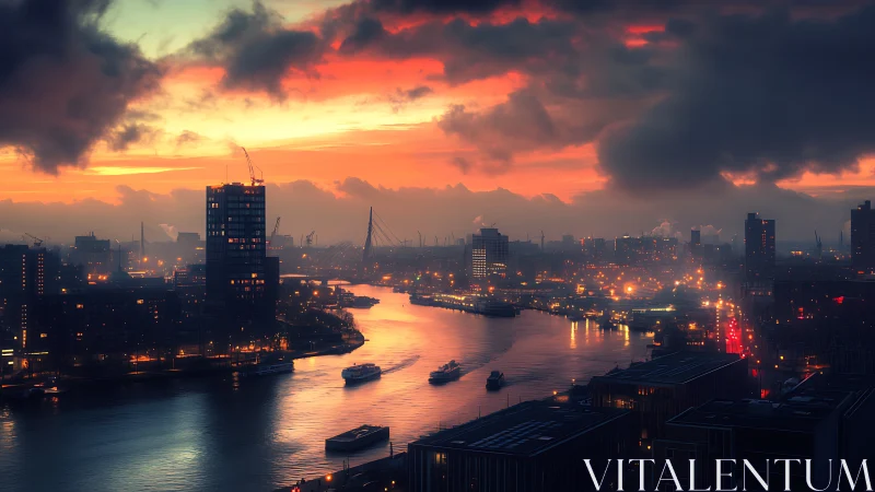 Riverfront city skyline glows under dramatic orange dusk
