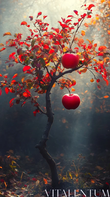 Small apple tree with red foliage in filtered forest light.