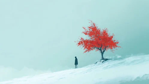 Solitary figure studies a vivid red tree on a minimal snowy slope
