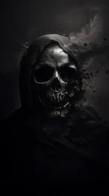 Shrouded skeletal figure dissolving into dark particle mist.