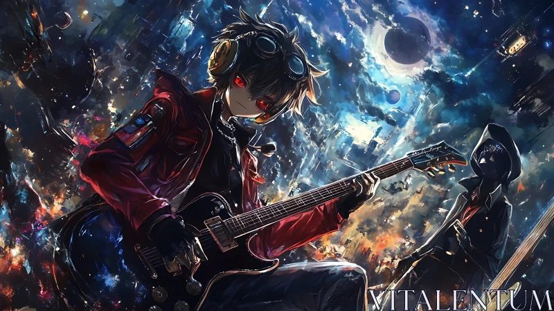 Starlit cyberpunk guitarist shredding under fractured skies.