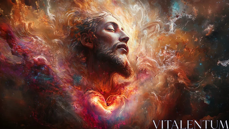 Cosmic male portrait emerging from swirling nebulae.