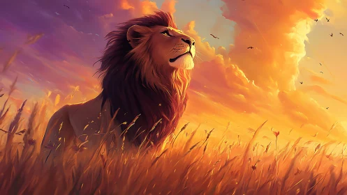 Majestic lion gazes across glowing savannah at sunset