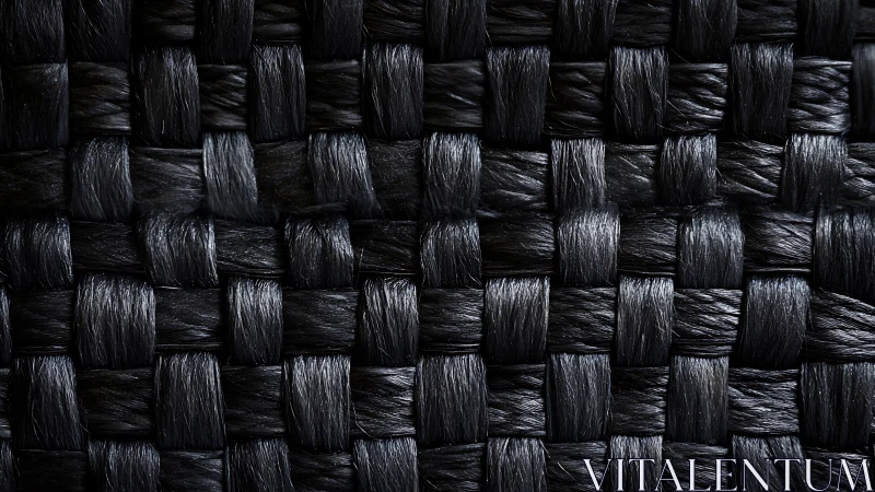 Close-up woven black fibers form a bold geometric grid pattern.