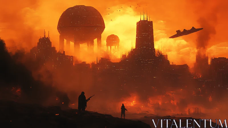 Burning futuristic city skyline under blazing orange sky