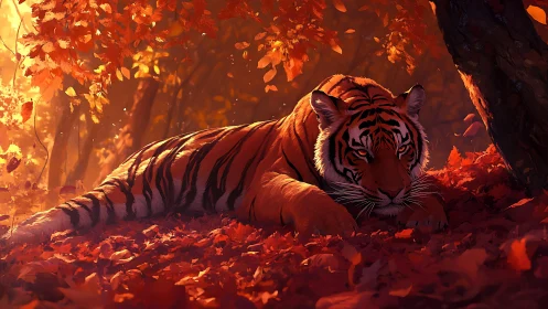 Tiger rests in burning autumn forest light, watchful and still.