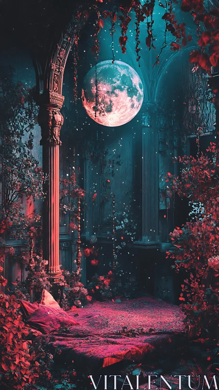 Interior scene displays moonlit ruins with overgrown bedding