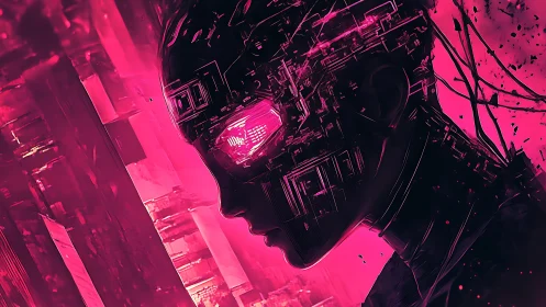 Neon circuitry dreams through the silhouette of a wired mind