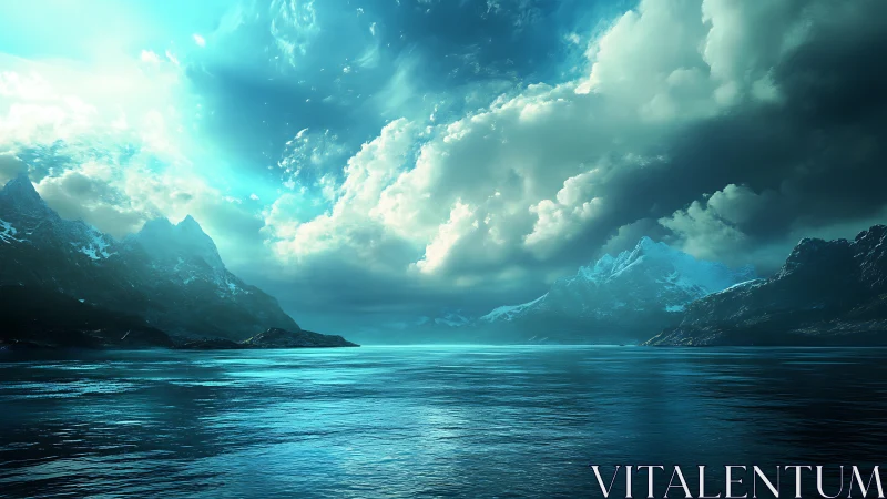 Glacial bay under dramatic turquoise storm clouds glows bright