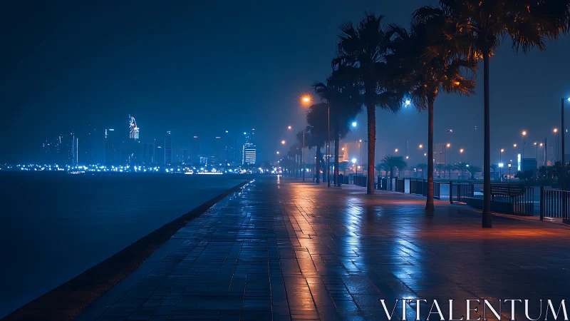 Waterfront promenade under blue night city glow.