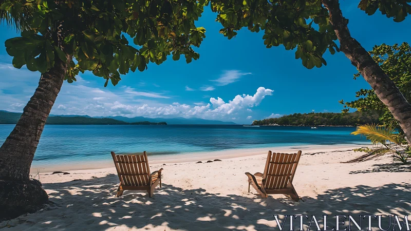 Tropical Paradise Beach Escape. Wooden Chairs Under Palm Trees.