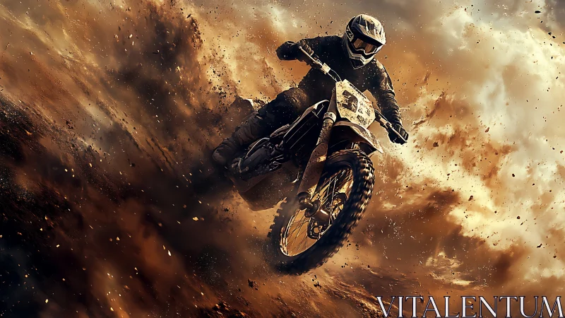 Motocross rider cutting through airborne dirt and dust clouds.
