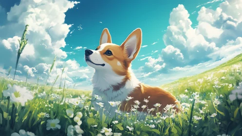 Daydreaming corgi crowned by wildflowers and skywide clouds.